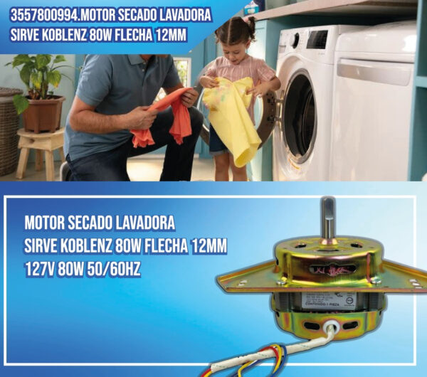 Motor Secado Lavadora Sirve Koblenz 80w Flecha 12mm - Imagen 2