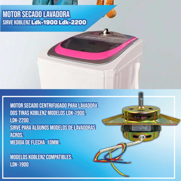 Motor Secado Lavadora Sirve Koblenz Ldk-1900 Ldk-2200 10mm - Imagen 3