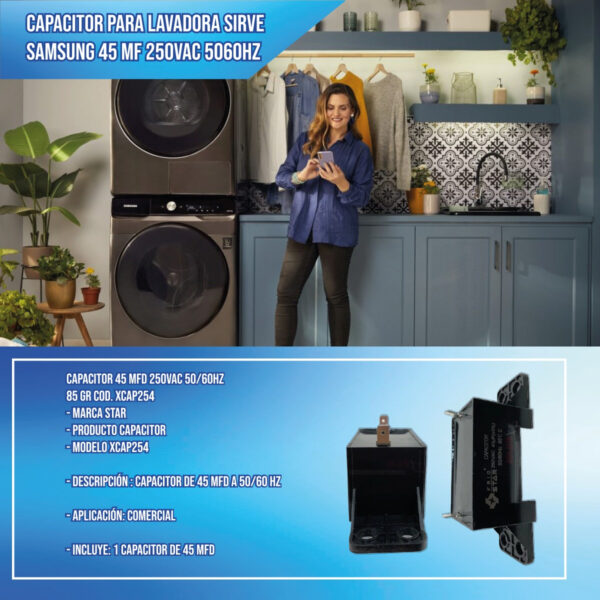 Capacitor Para Lavadora Sirve Samsung 45 Mf 250vac 50/60hz - Imagen 3